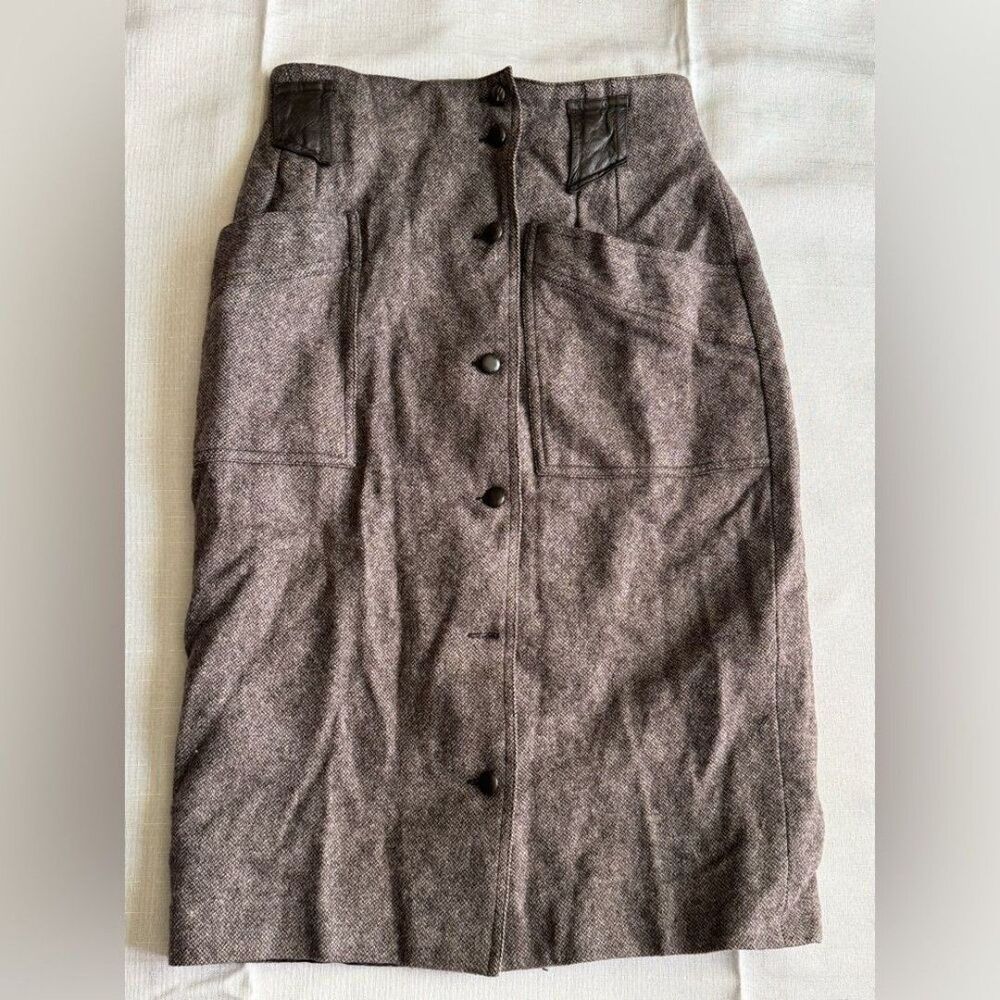 Vintage DONNA Tweed Button Front Skirt Leather Pocket Detail I Retro Skirt